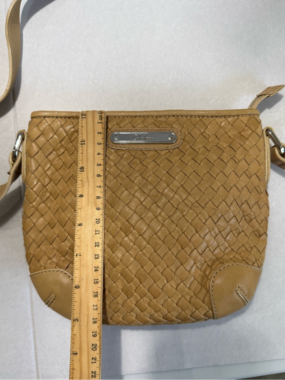 Cole Haan Leather Designer Woven Camel Brown Crossbody Bag